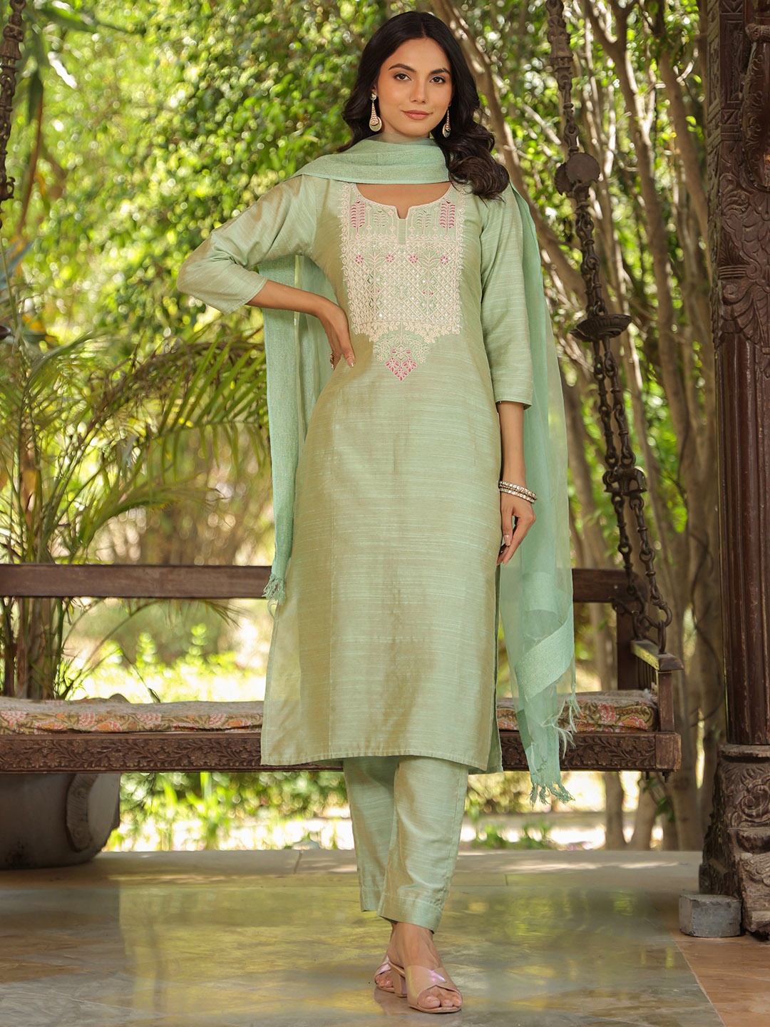 

KALINI Floral Embroidered Sequnnied Notch Neck Straight Kurta With Trousers & Dupatta, Sea green
