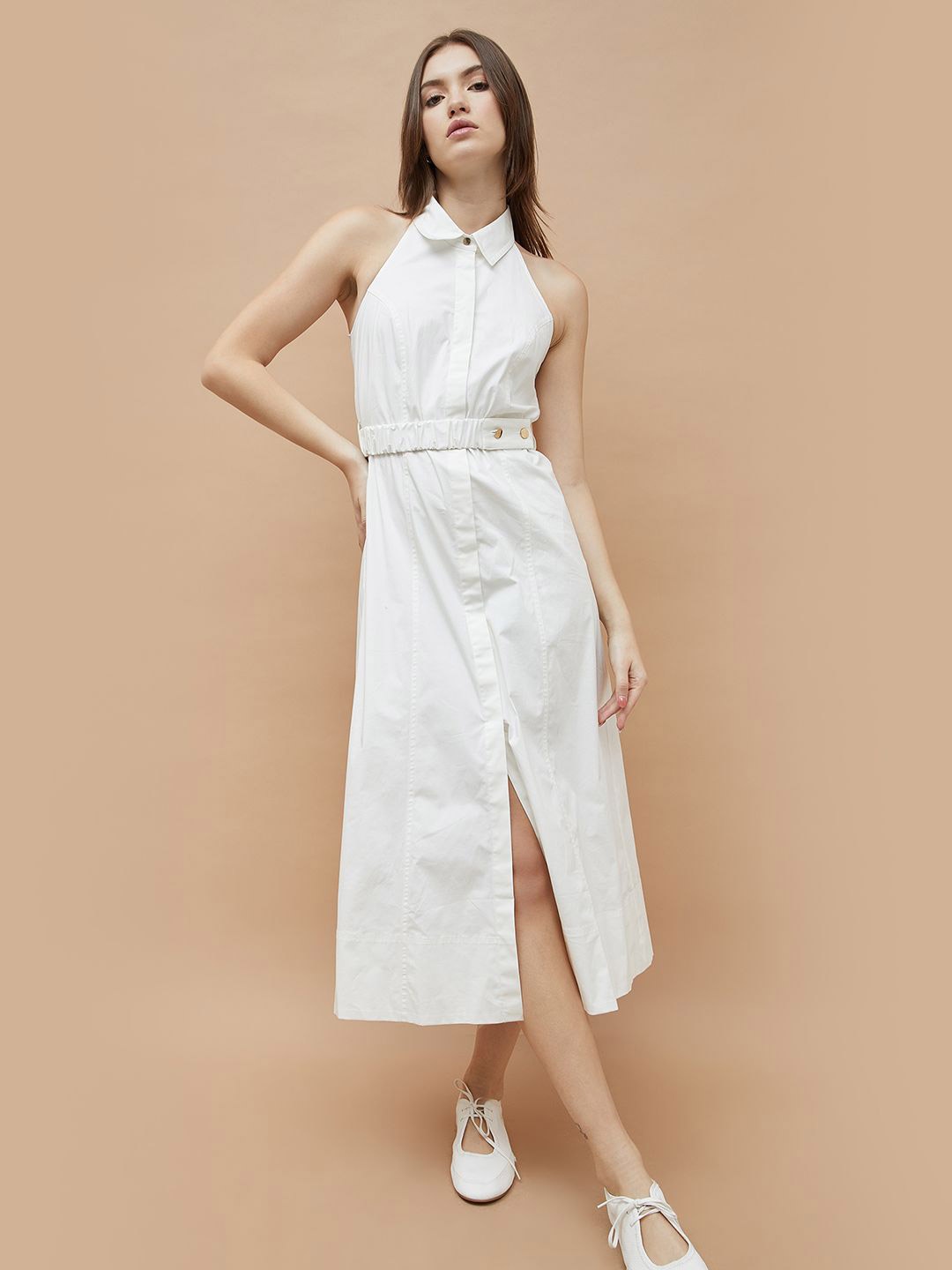 

Ginger by Lifestyle Shirt Collar Slit & Back Smocked Shirt Midi Dress, White