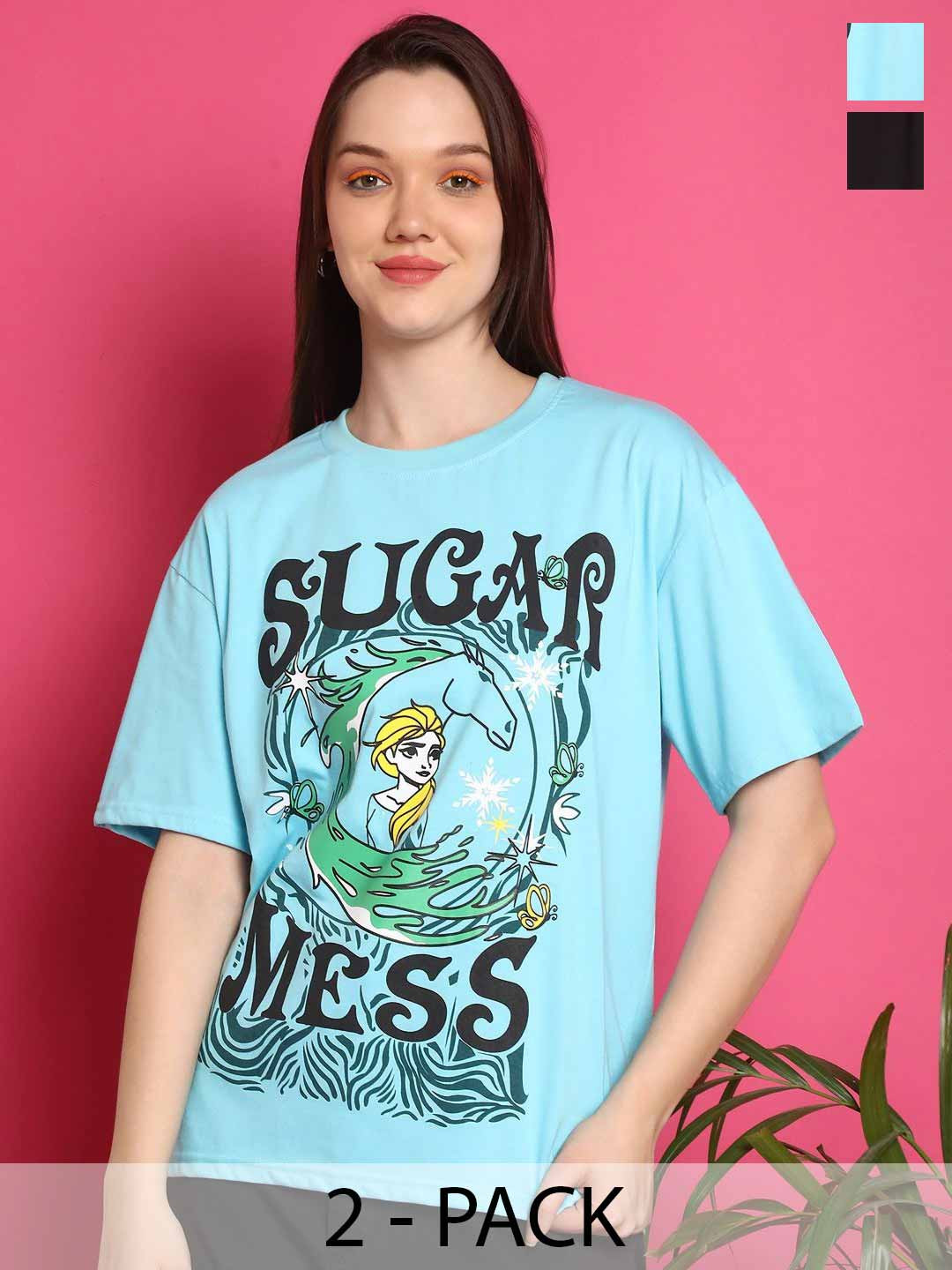 

Metronaut Women Pack Of 2 Graphic Printed Round Neck Cotton Oversized T-shirts, Blue