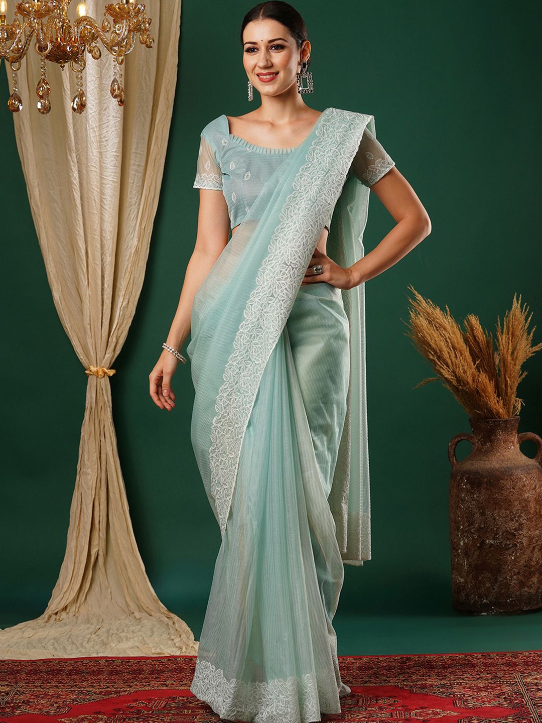 

all about you Floral Embroidered Supernet Saree, Turquoise blue