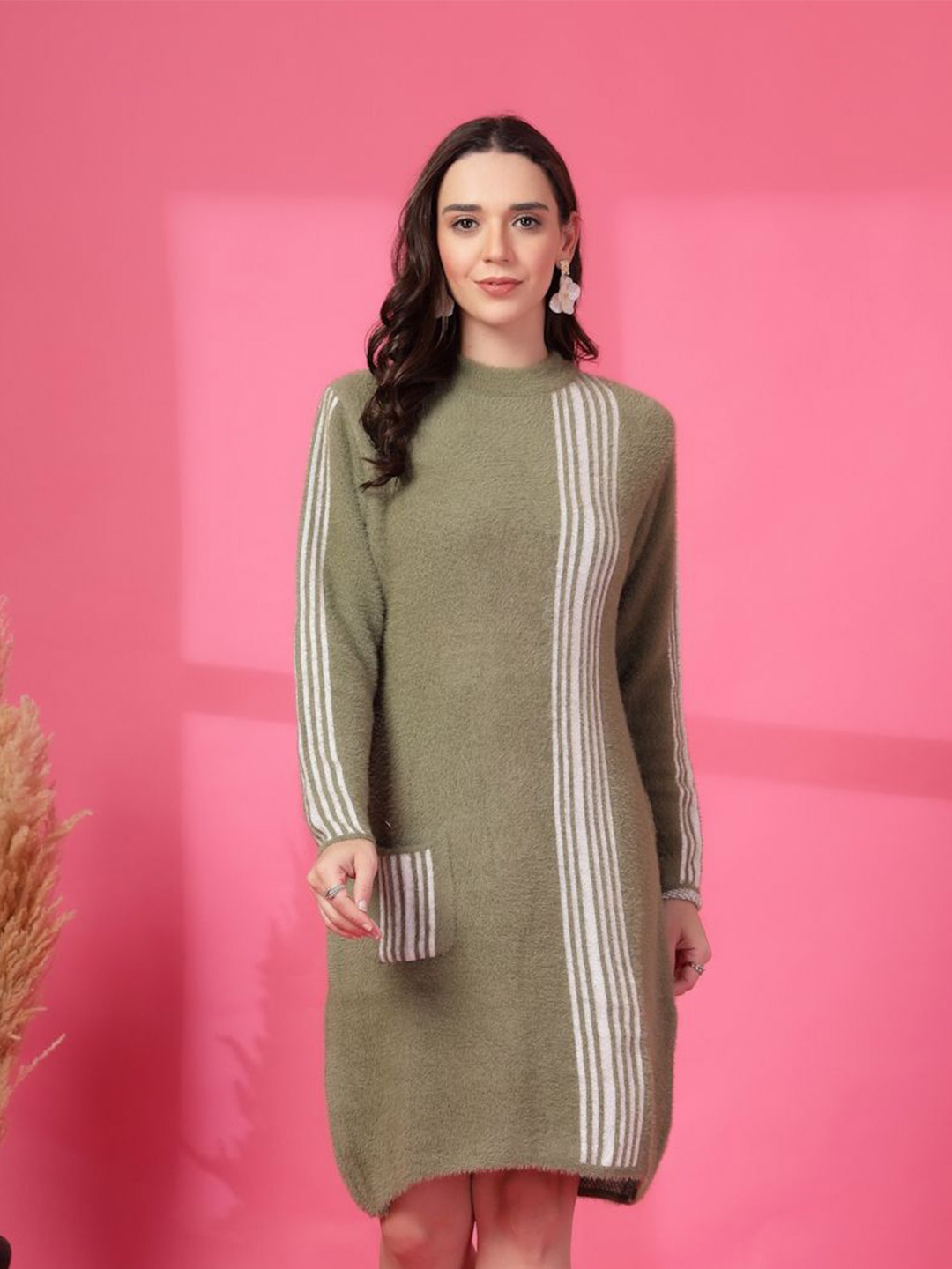 

all about you Striped Woollen Dress, Olive