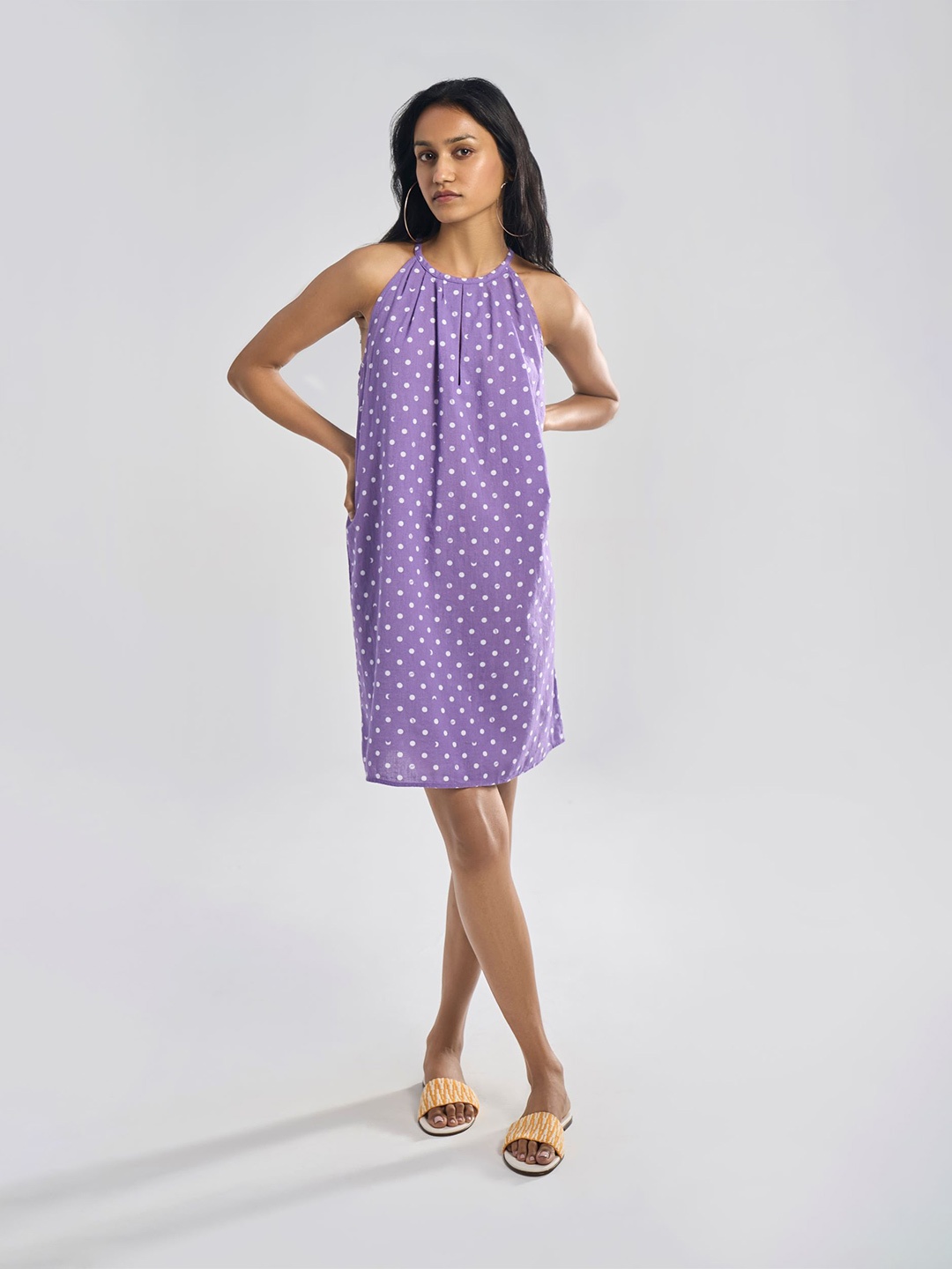 

Terra Luna Women Polka Dot Printed Cotton A-Line Dress, Purple