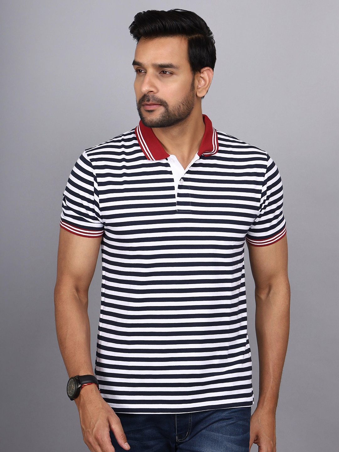 

JAGURO Men Striped Polo Collar Cotton Slim Fit T-shirt, Navy blue