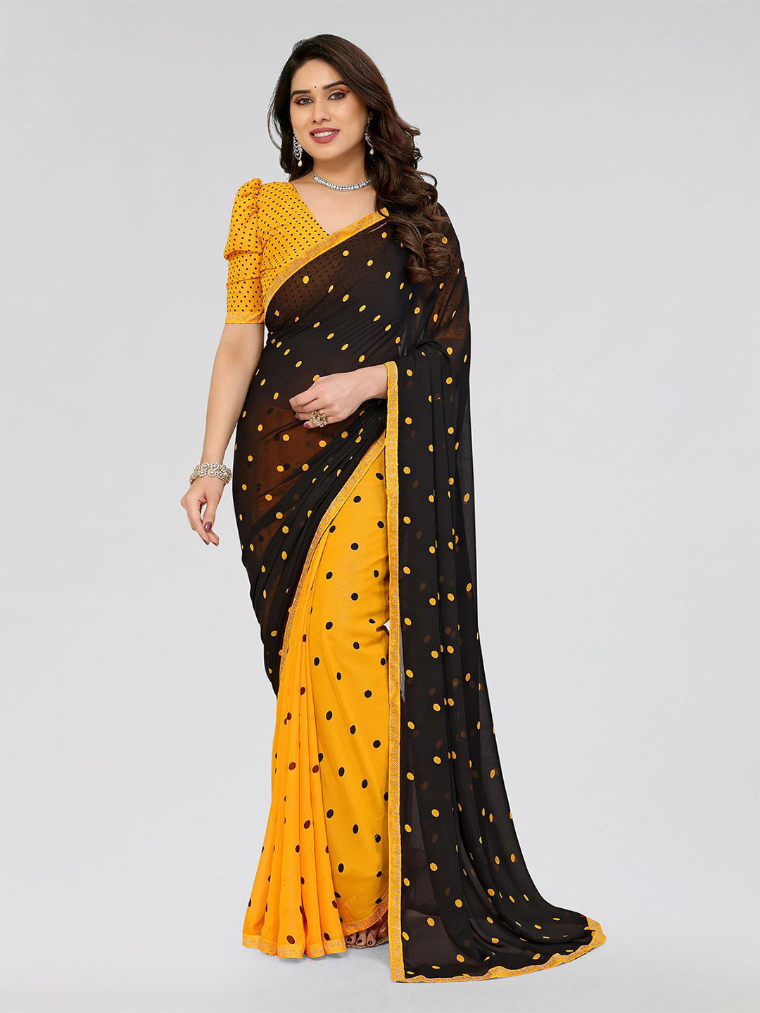 

Moda Rapido Polka Dot Printed Half and Half Saree, Yellow