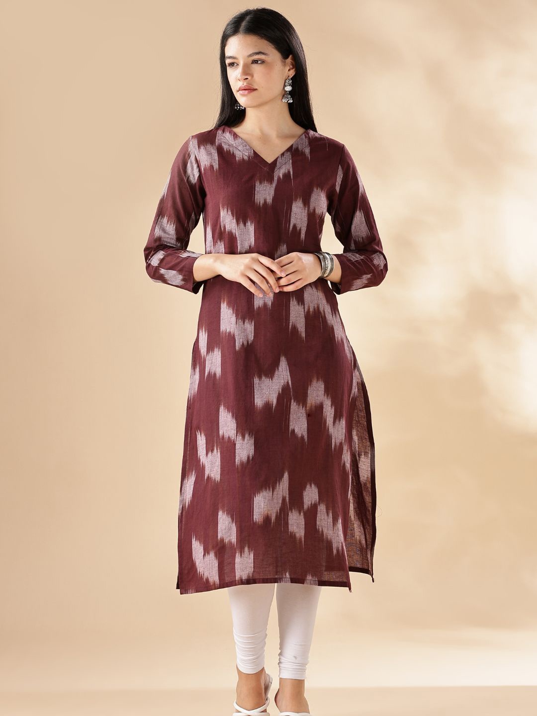 

Girly Colours Abstract Printed V-Neck Pure Cotton Straight Kurta, Brown
