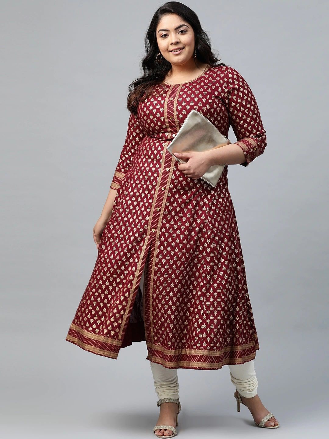 

KALINI Plus Size Ethnic Motifs Woven Design Round Neck A-Line Kurta, Maroon