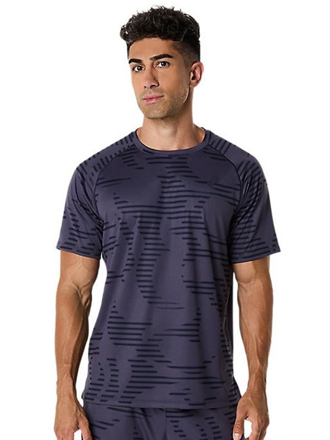 

ASICS Men Striped Round Neck T-shirt, Navy blue