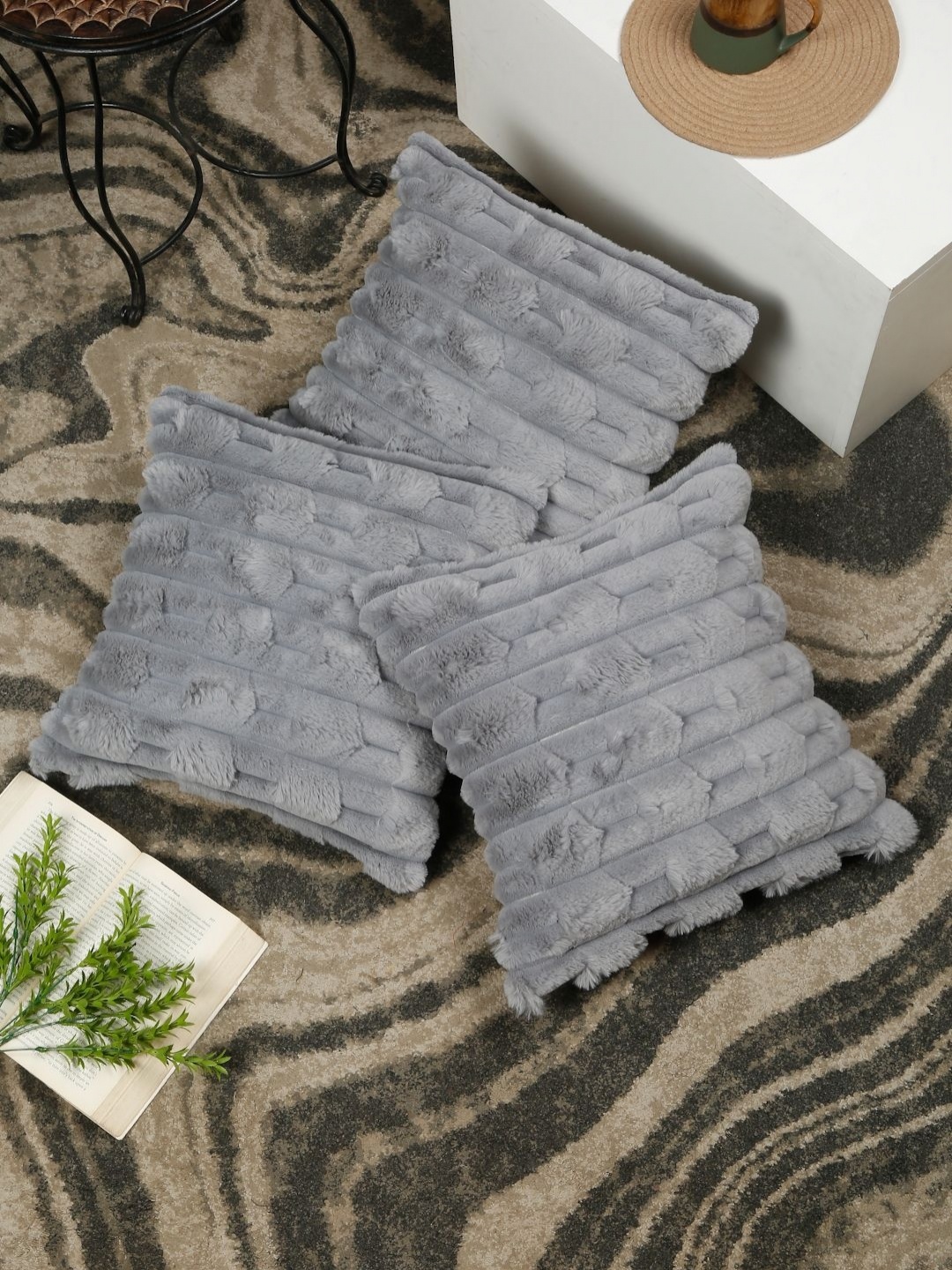

HOSTA HOMES Grey 3 Pieces Textured Fur Square Cushion