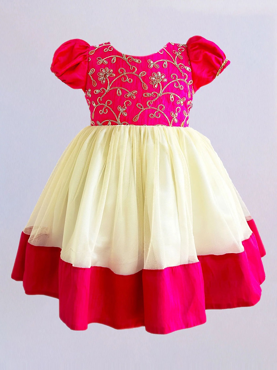 

STANWELLS KIDS Girl Floral Embroidered Round Neck Puff Sleeve Fit & Flare Dress, Pink