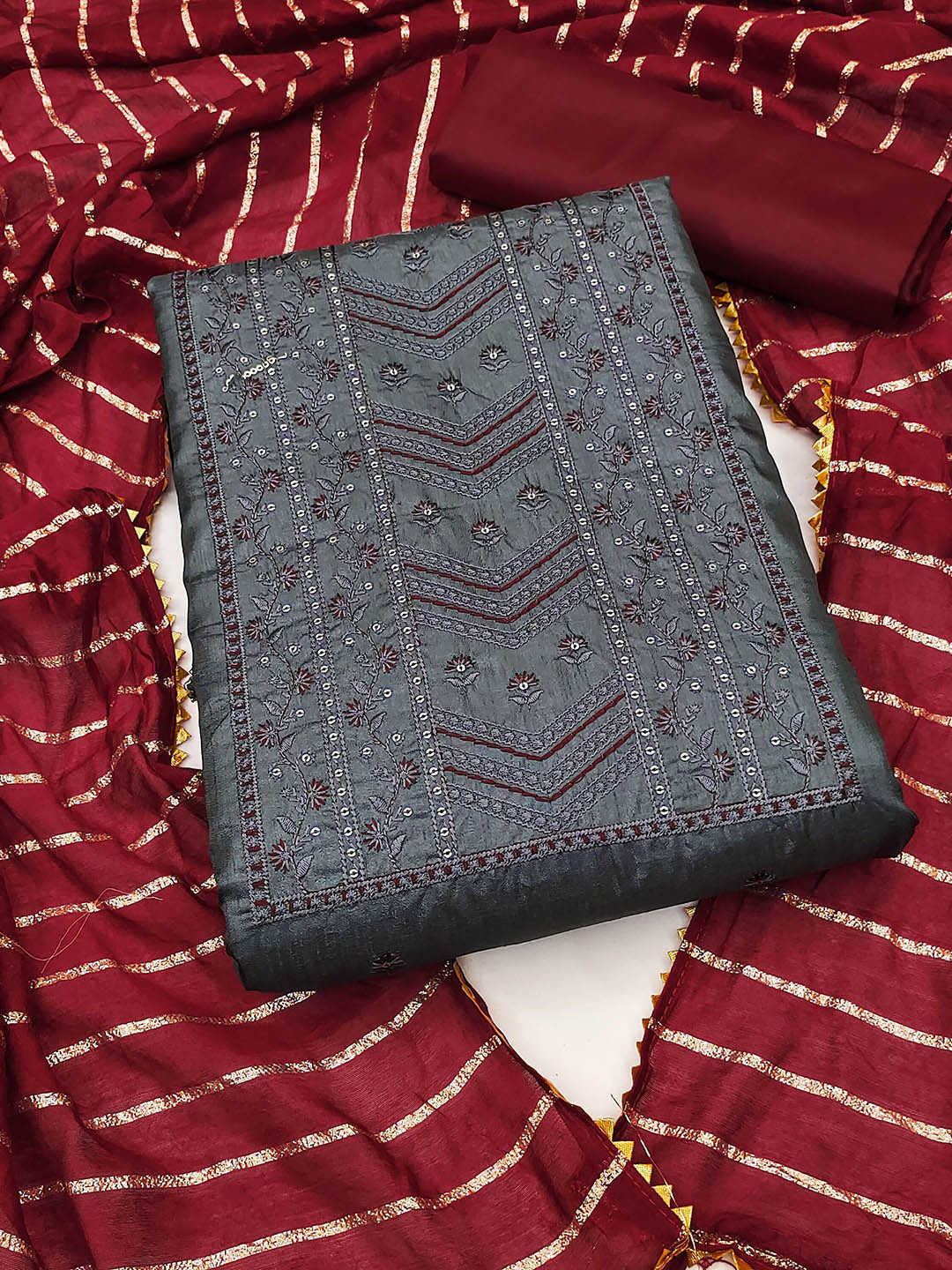 

SAINOOR Floral Embroidered Sequinned Pure Silk Unstitched Dress Material, Grey