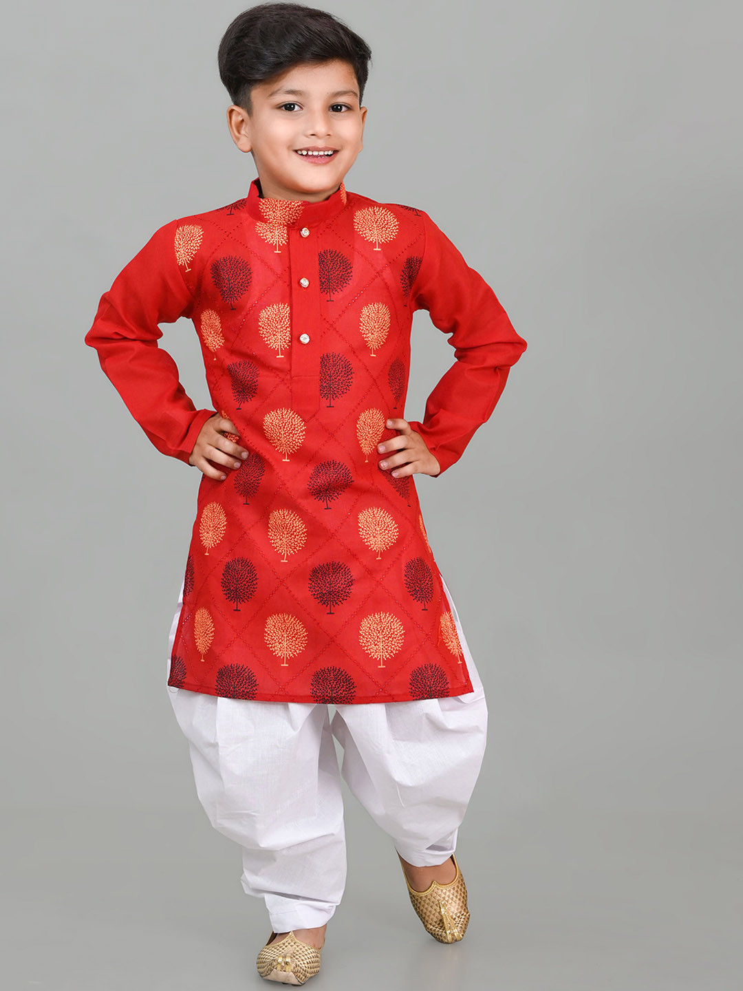 

Cae Boys Floral Printed Mandarin Collar Kurta With Dhoti Pants, Red