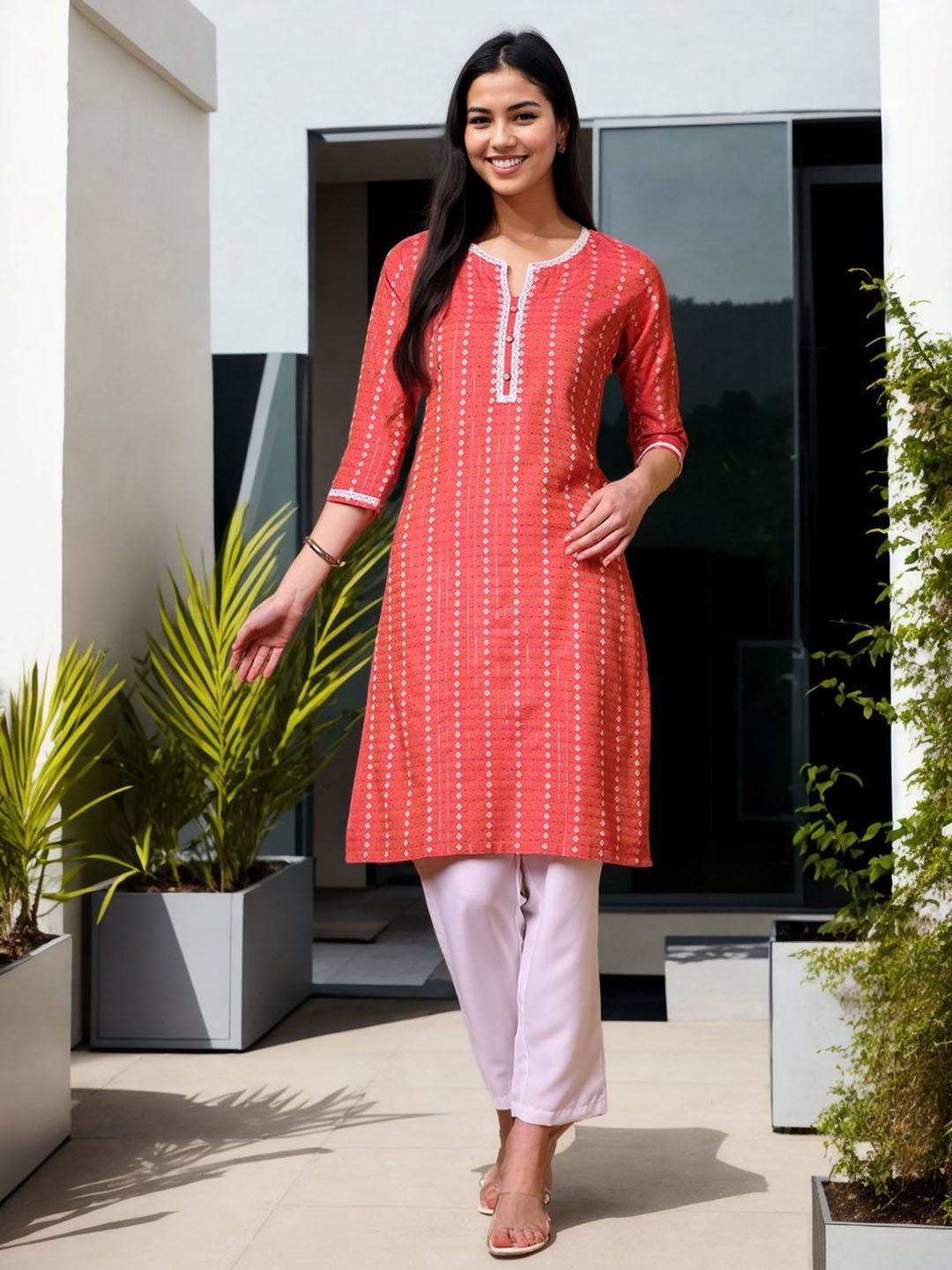 

Anouk Rustic Printed Straight Kurta, Coral