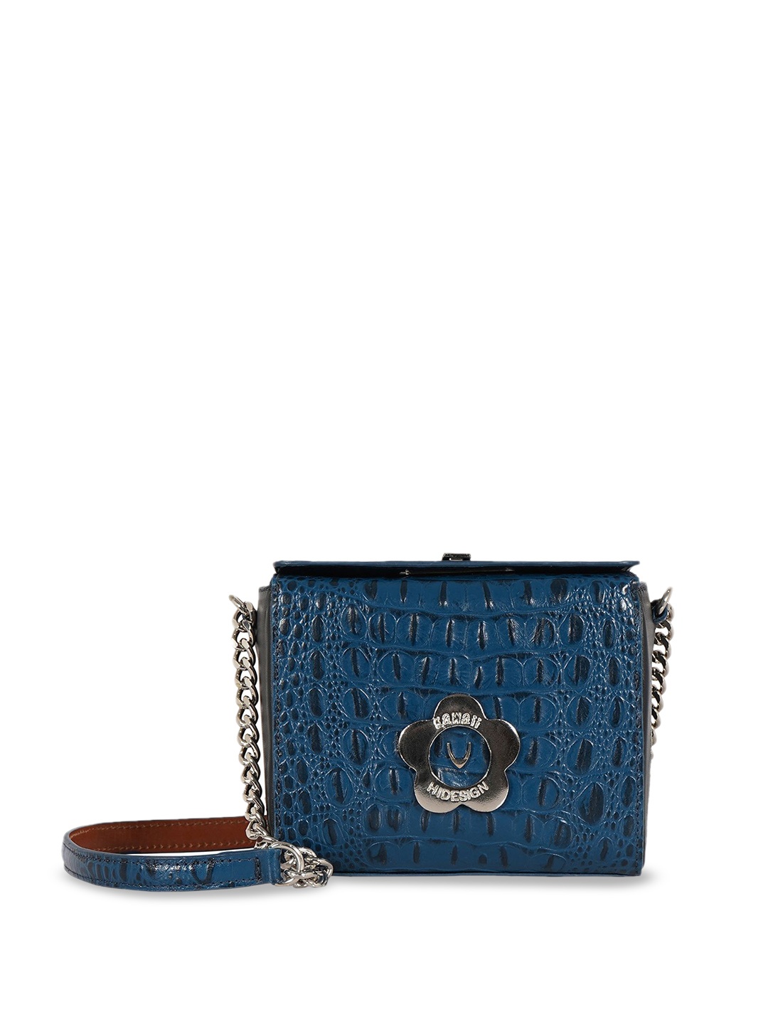 

Hidesign Textured Leather Bucket Sling Bag with Cut Work, Blue