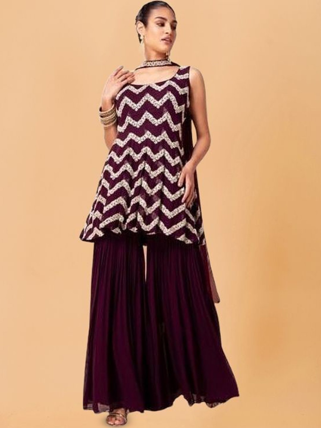 

PARROT CREATION Chevron Embroidered Sequinned Georgette Kurti With Sharara And Dupatta, Purple