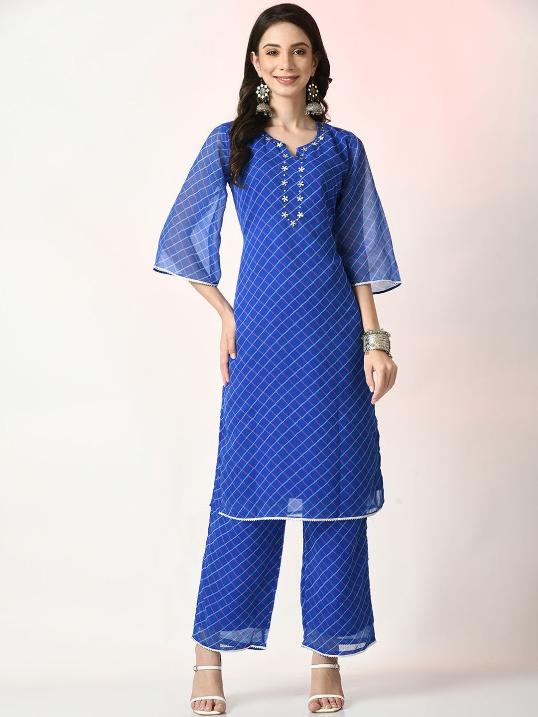 

KALINI Checked Gotta Patti Straight Kurta With Trousers, Blue