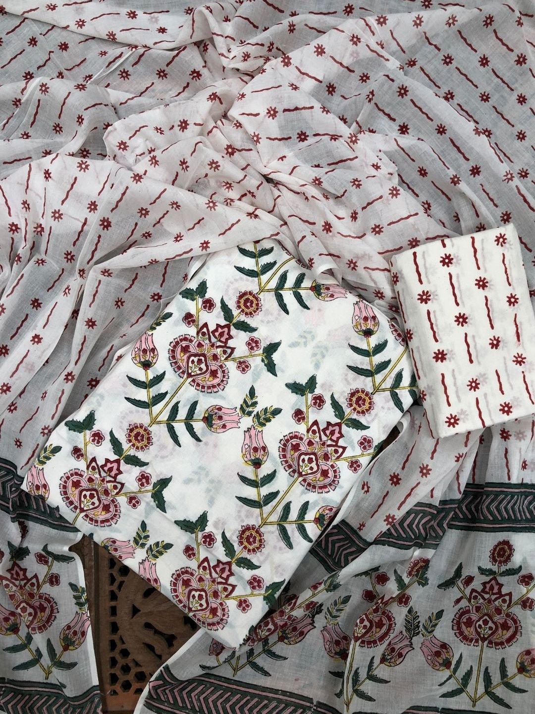 

PALASH Floral Block Printed Cotton Unstitched Dress Material, White