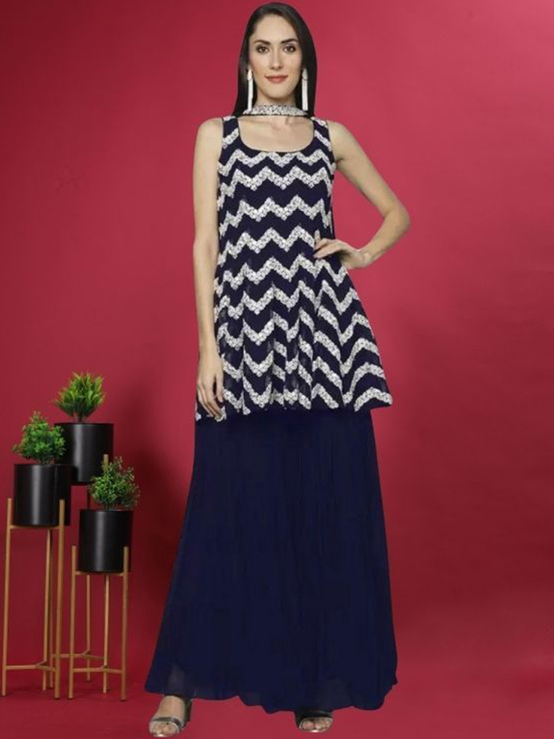 

PARROT CREATION Chevron Embroidered Georgette A-Line Kurti With Palazzo And Dupatta, Navy blue