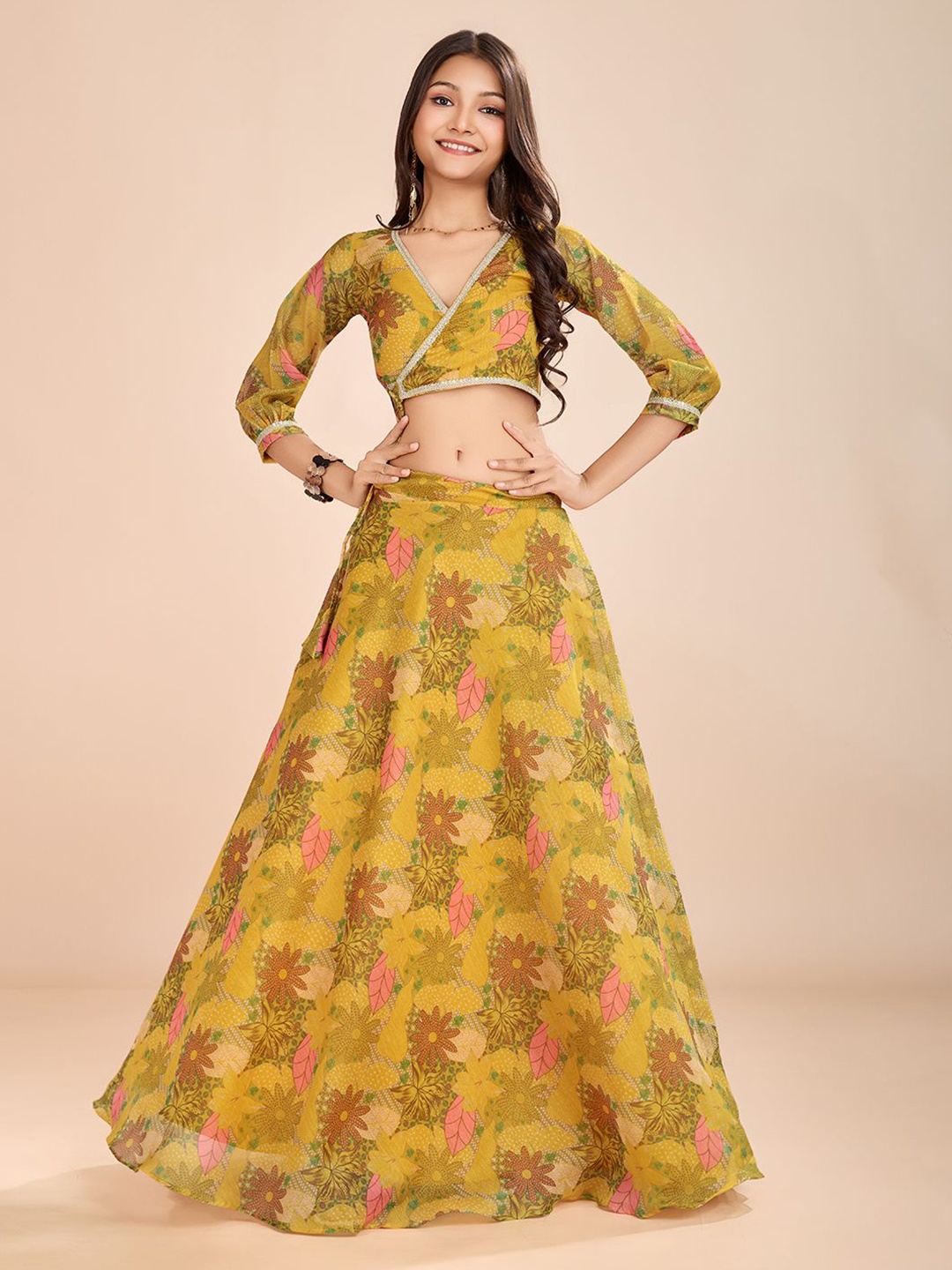 

Tasarika Girls Printed V-Neck Thread Work Silk Ready To Wear Lehenga & Choli, Yellow