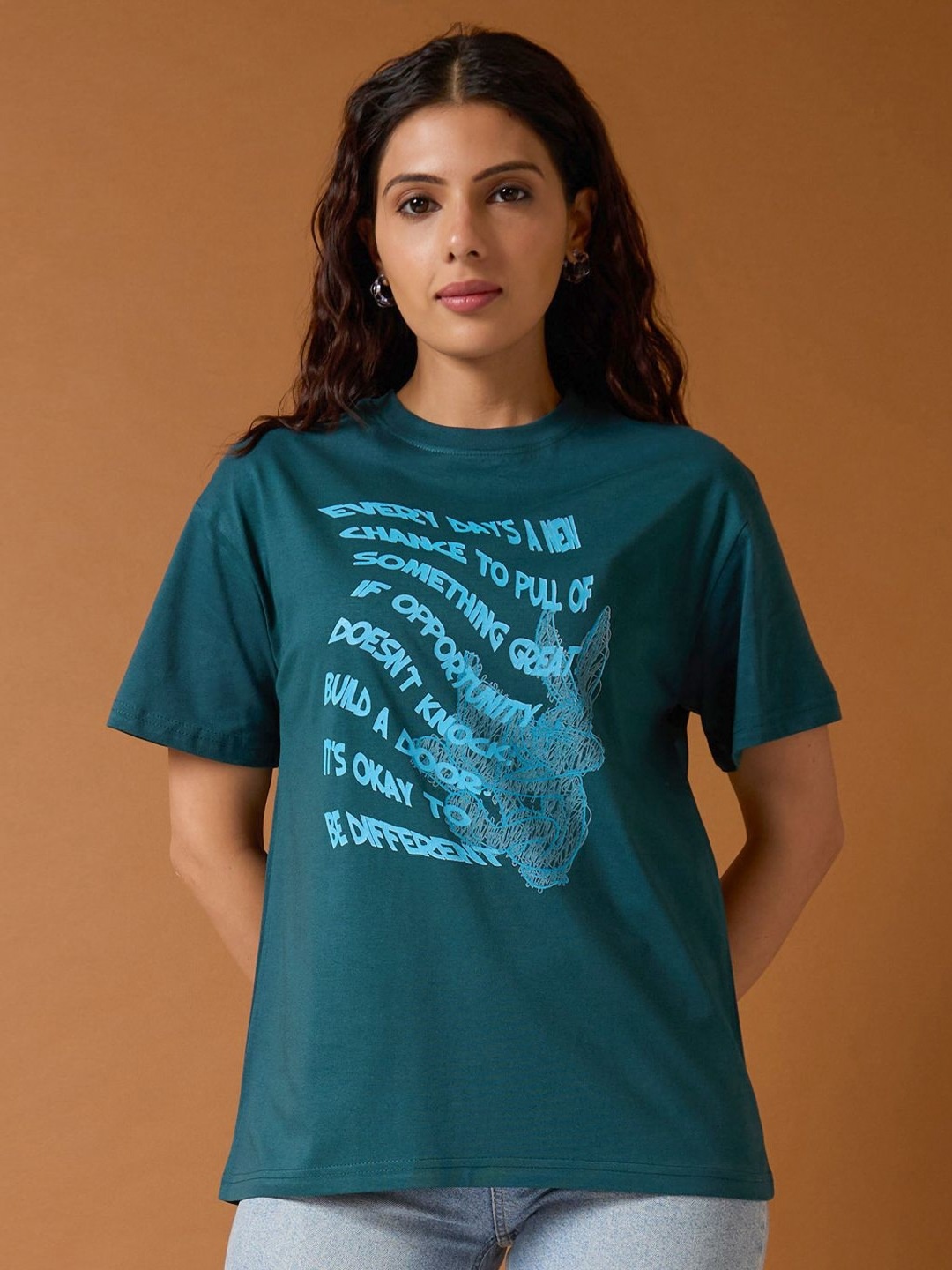 

Kook N Keech Looney Tunes Women Typography Printed Round Neck Cotton Relaxed Fit T-shirt, Teal