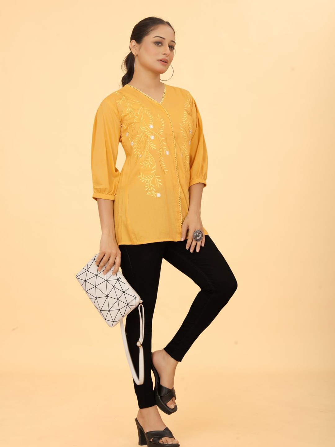 

Flossy Women Embroidered Tunic, Yellow