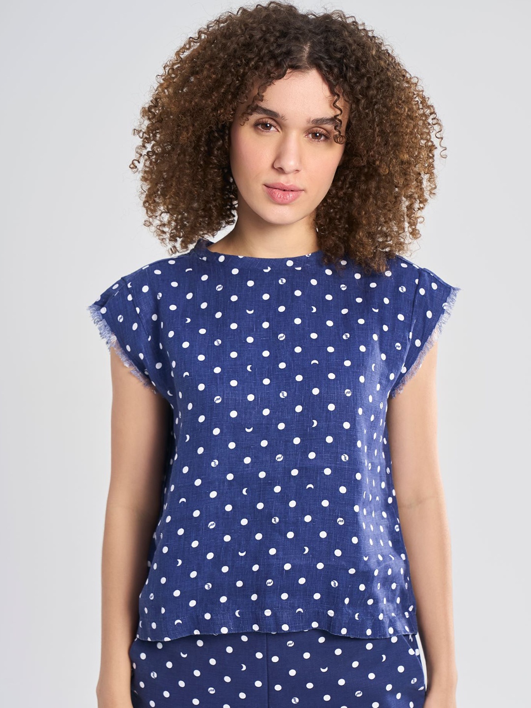 

Terra Luna Women Geometric Printed Round Neck Linen Relaxed Fit T-shirt, Blue
