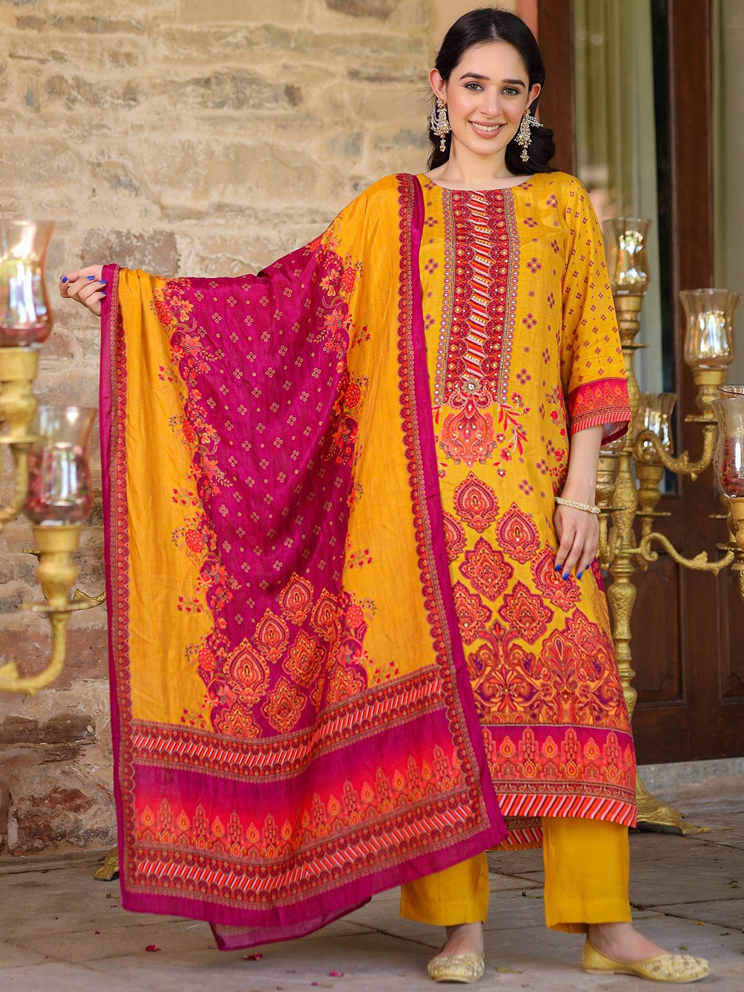 

HOUSE OF MORA Ethnic Motifs Printed Round Neck Straight Kurta With Trousers & Dupatta, Mustard