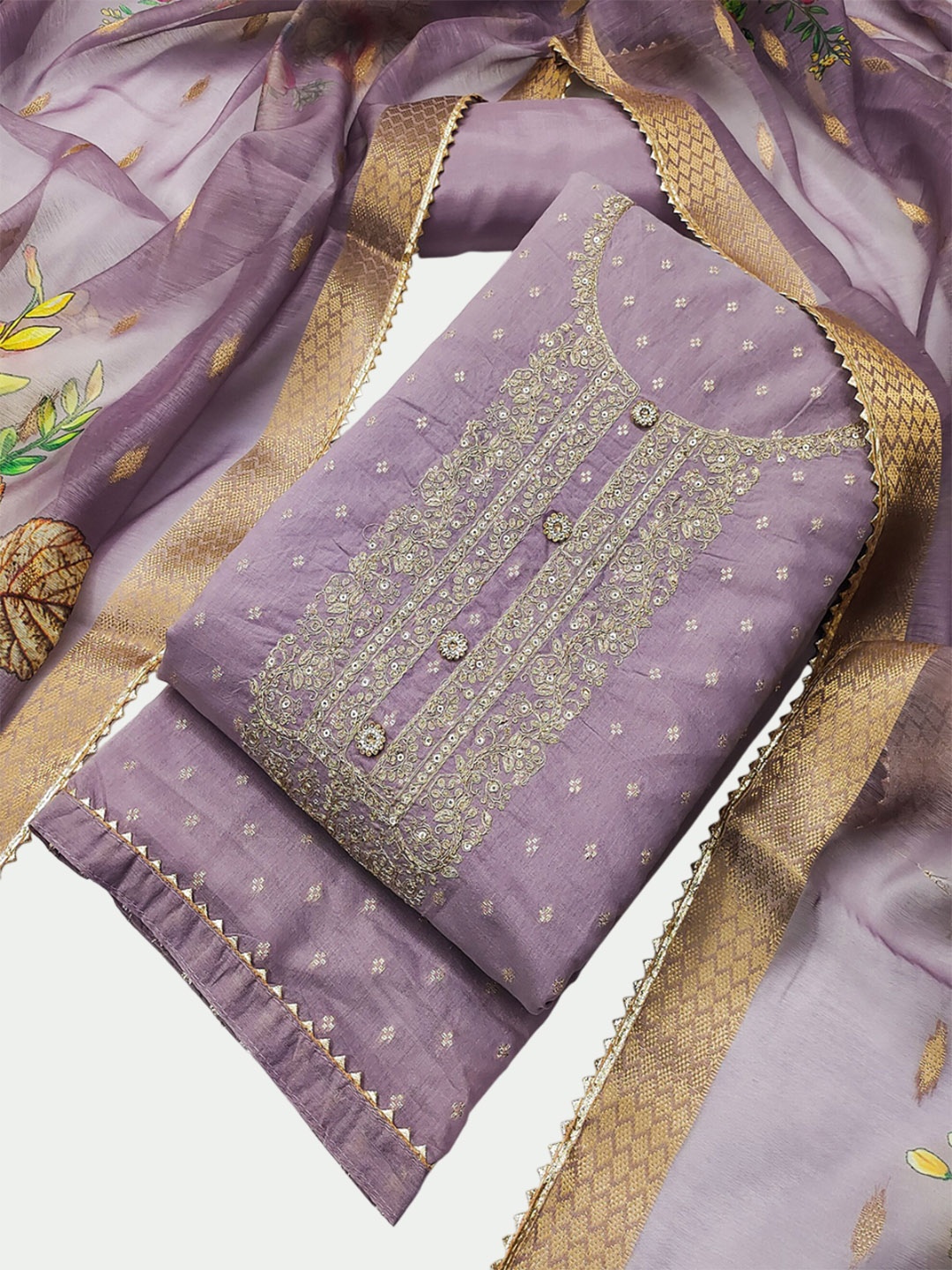 

Riti Floral Embroidered Sequinned Chanderi Silk Unstitched Dress Material, Lavender