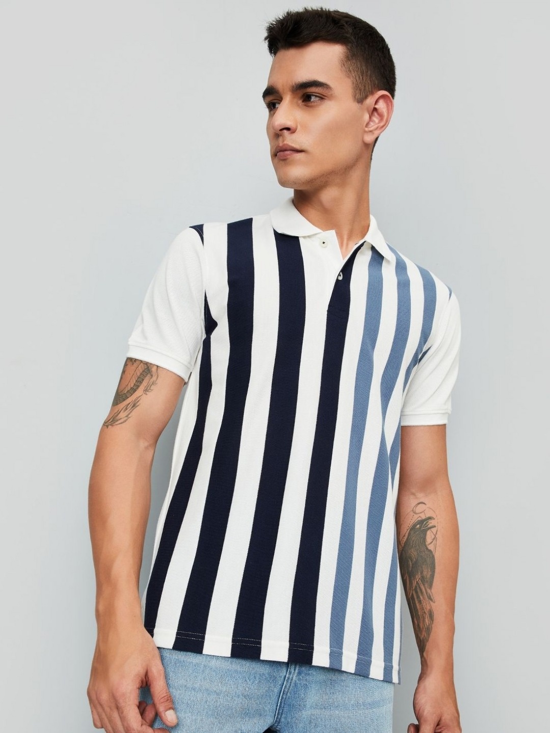 

max Men Striped Polo Collar Slim Fit T-shirt, Navy blue