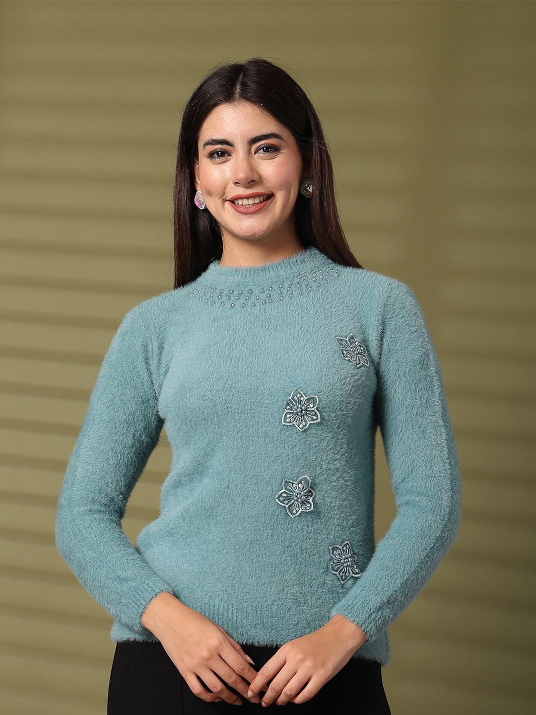 

all about you Embellished Halter Neck Woollen Top, Green