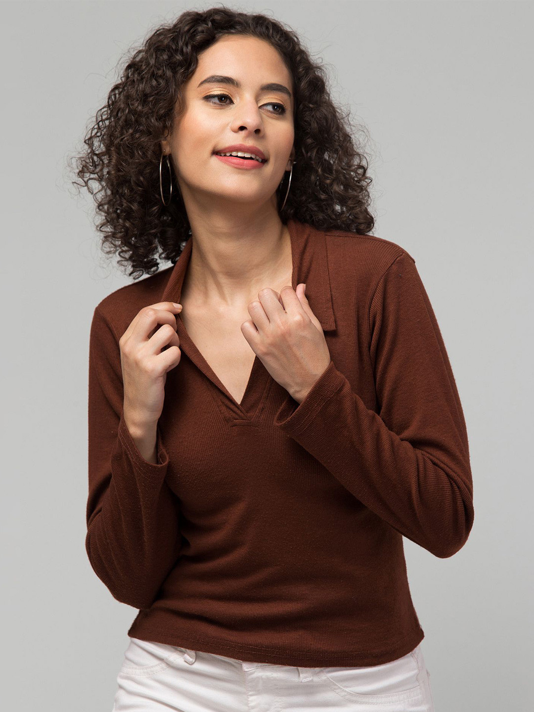 

Swaggish Applique Casual Regular Sleeves Solid Women Collar Top, Brown