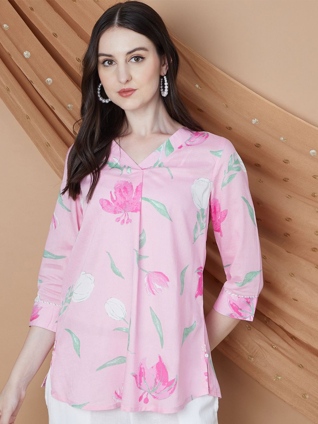 

Melange by Lifestyle Women V-Neck Floral Printed Tunic, Pink