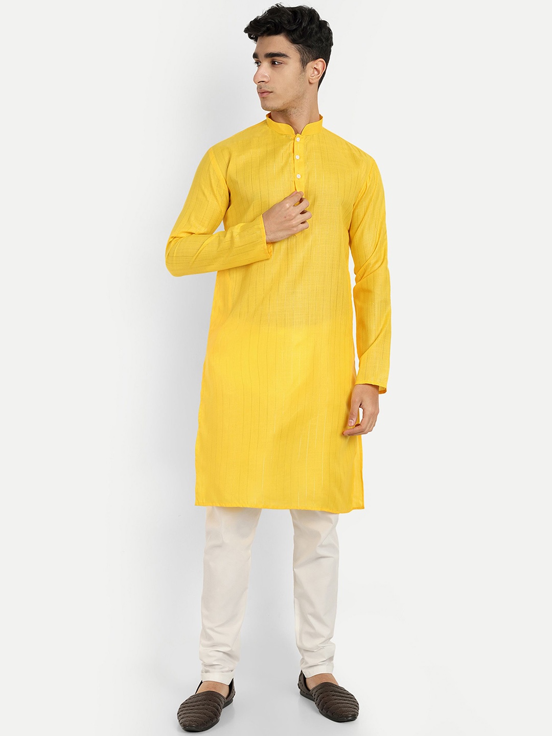 

WELL TEX Striped Embroidered Mandarin Collar Straight Kurta, Yellow