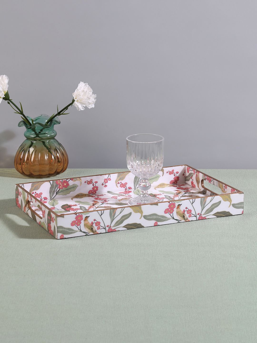 

India Circus by Krsnaa Mehta Bird Land Paradise White and Pink Floral Printed Serving Tray