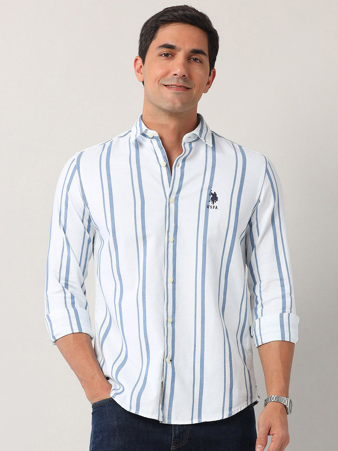 

U.S. Polo Assn. Denim Co. Men Classic Opaque Striped Casual Shirt, Blue