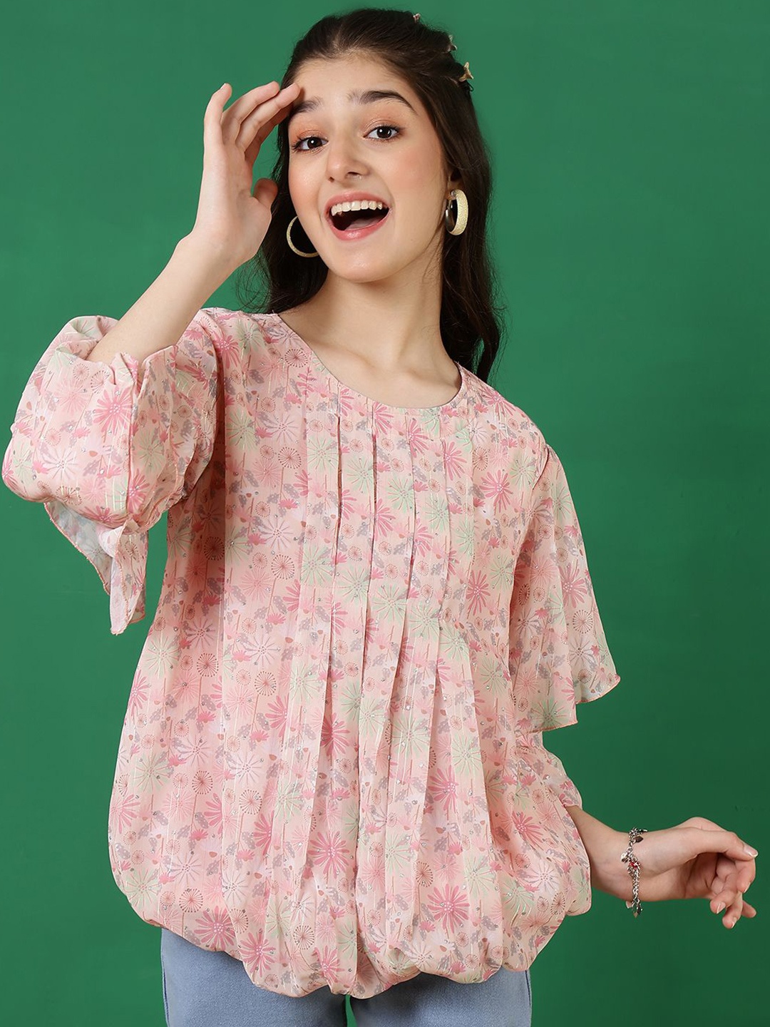 

Miss & Chief Girls Floral Printed Balloon Top, Pink
