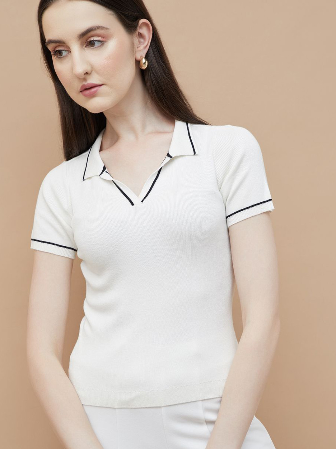 

CODE by Lifestyle Women Solid Polo Collar T-shirt, Off white