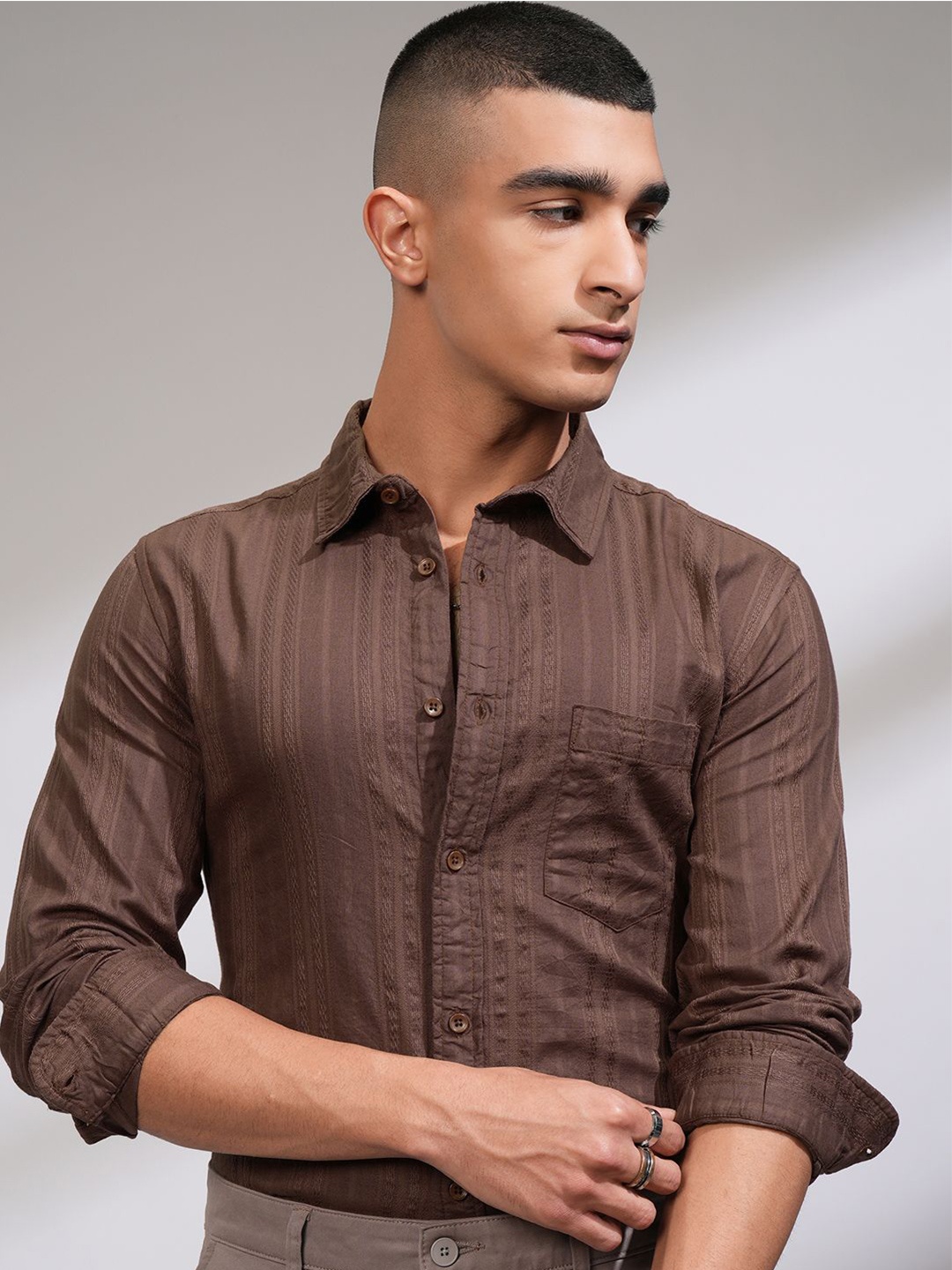 

HIGHLANDER Men Dobby Textured Striped Casual Shirt, Brown