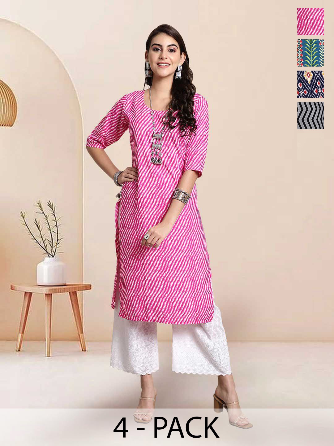 

7Threads Selection Of 5 Leheriya Printed Round Neck Straight Kurtas, Pink