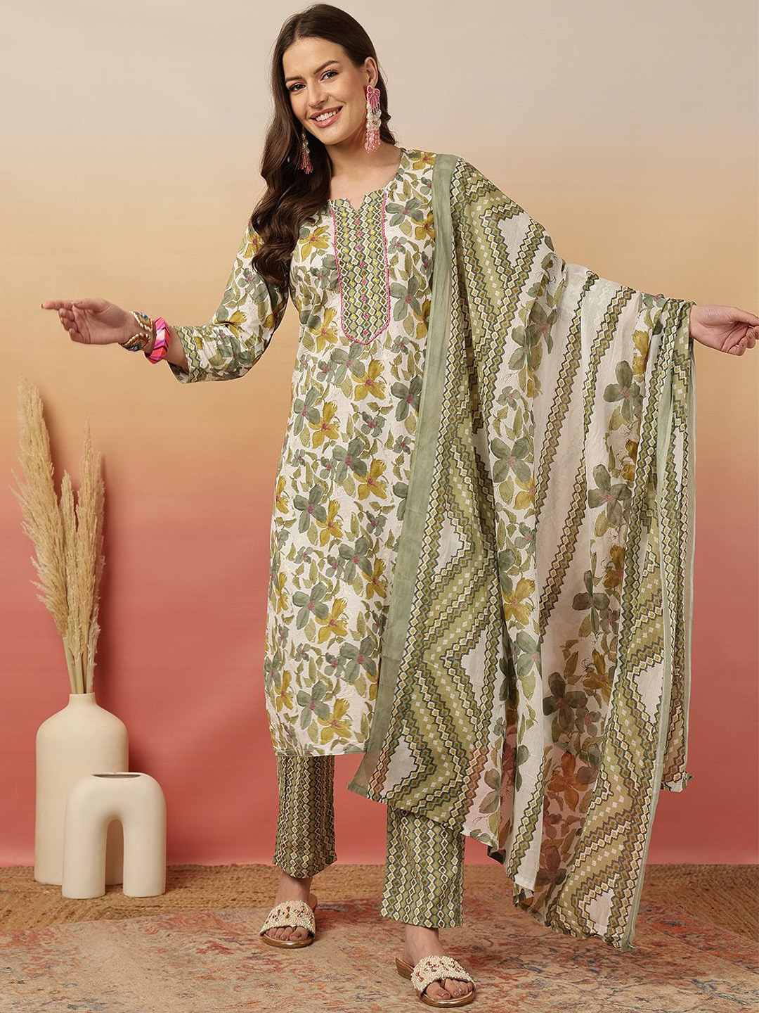 

Sangria Floral Printed Yoke Embroidered Kurta With Trouser & Dupatta, Olive