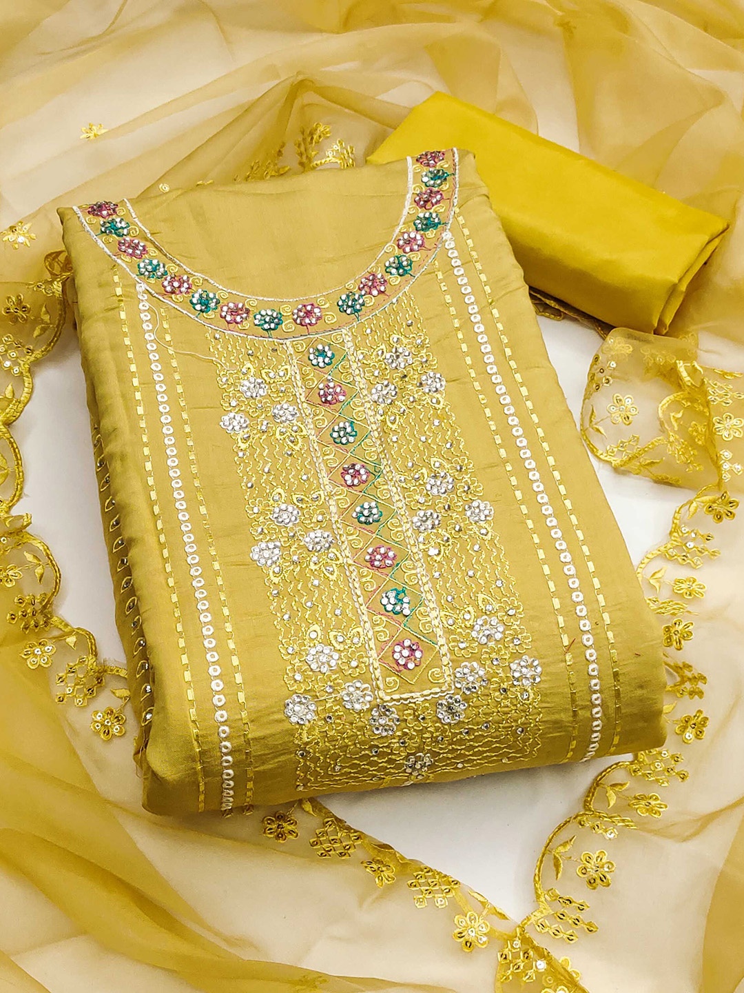 

SAINOOR Floral Embellished Pure Silk Semi-Stitched Dress Material, Yellow