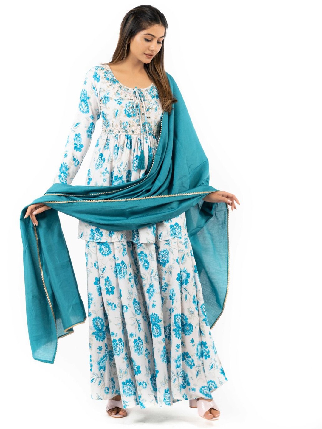 

KUNDAN FAB Floral Print Flared Sleeve Maxi Dress, Blue