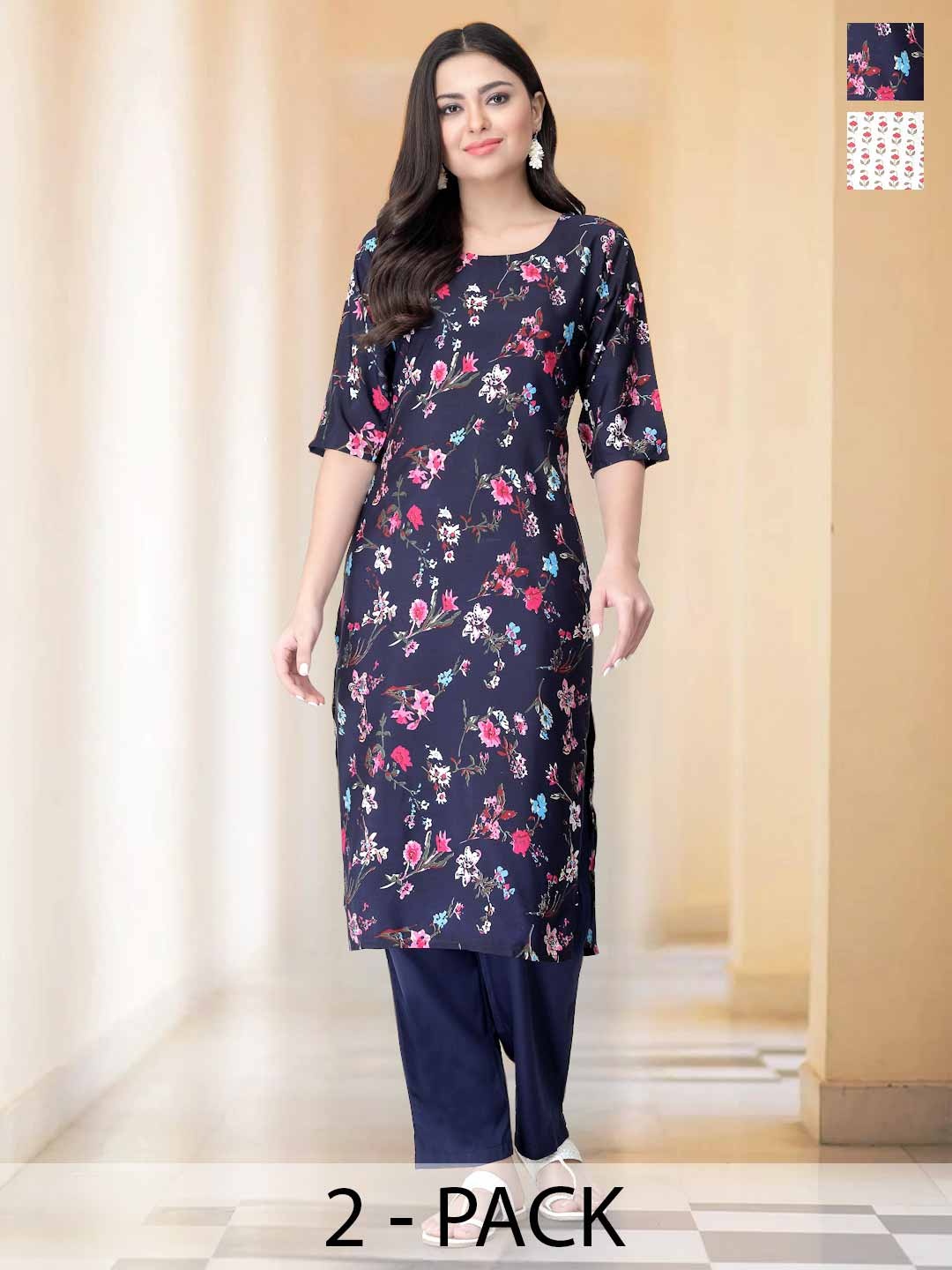 

7Threads Selection Of 2 Floral Printed Round Neck Straight Kurta with Trousers, Navy blue