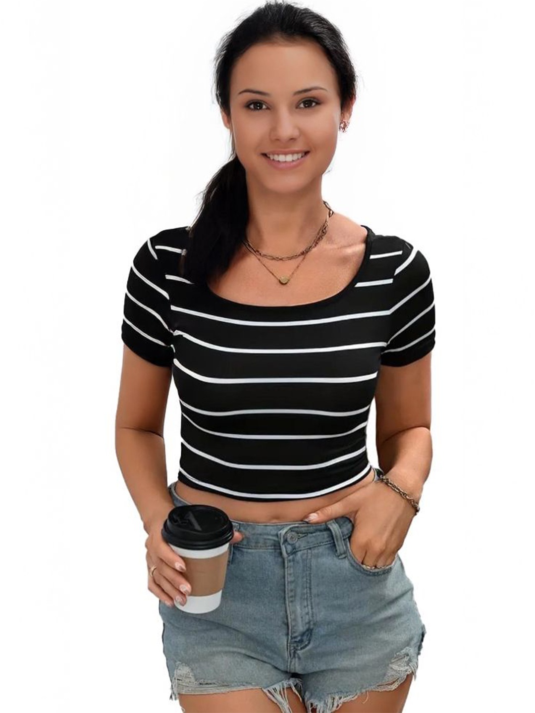 

CORSICA Women Monochrome Cotton Fitted Crop Top, Black