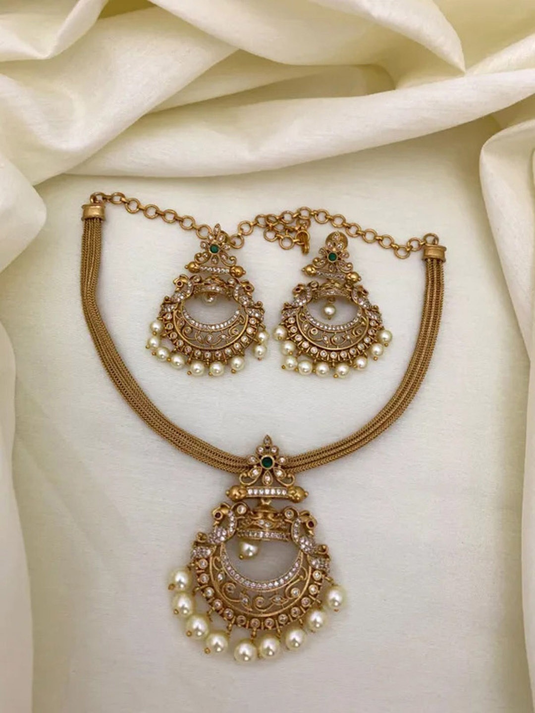 

ROFARWORD Gold-Plated CZ Stones Studded & Pearls Beaded Jewellery Set