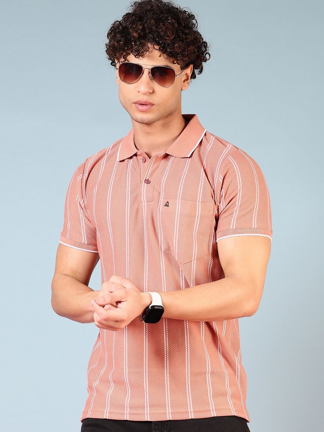 

V-Mart Men Striped Polo Collar Cotton T-shirt, Peach