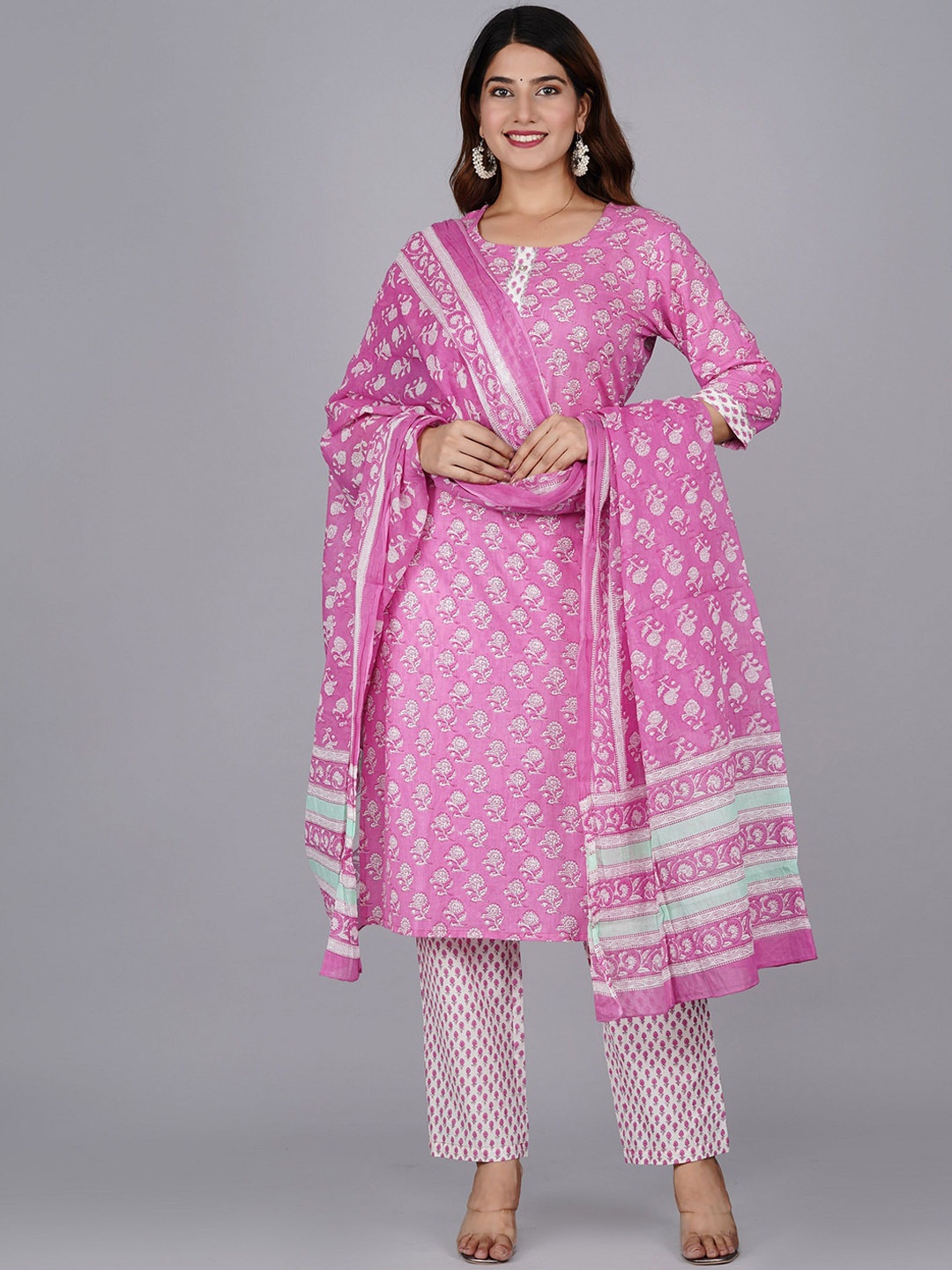 

Moda Rapido Floral Printed Gotta Patti Pure Cotton Straight Kurta With Trousers & Dupatta, Pink