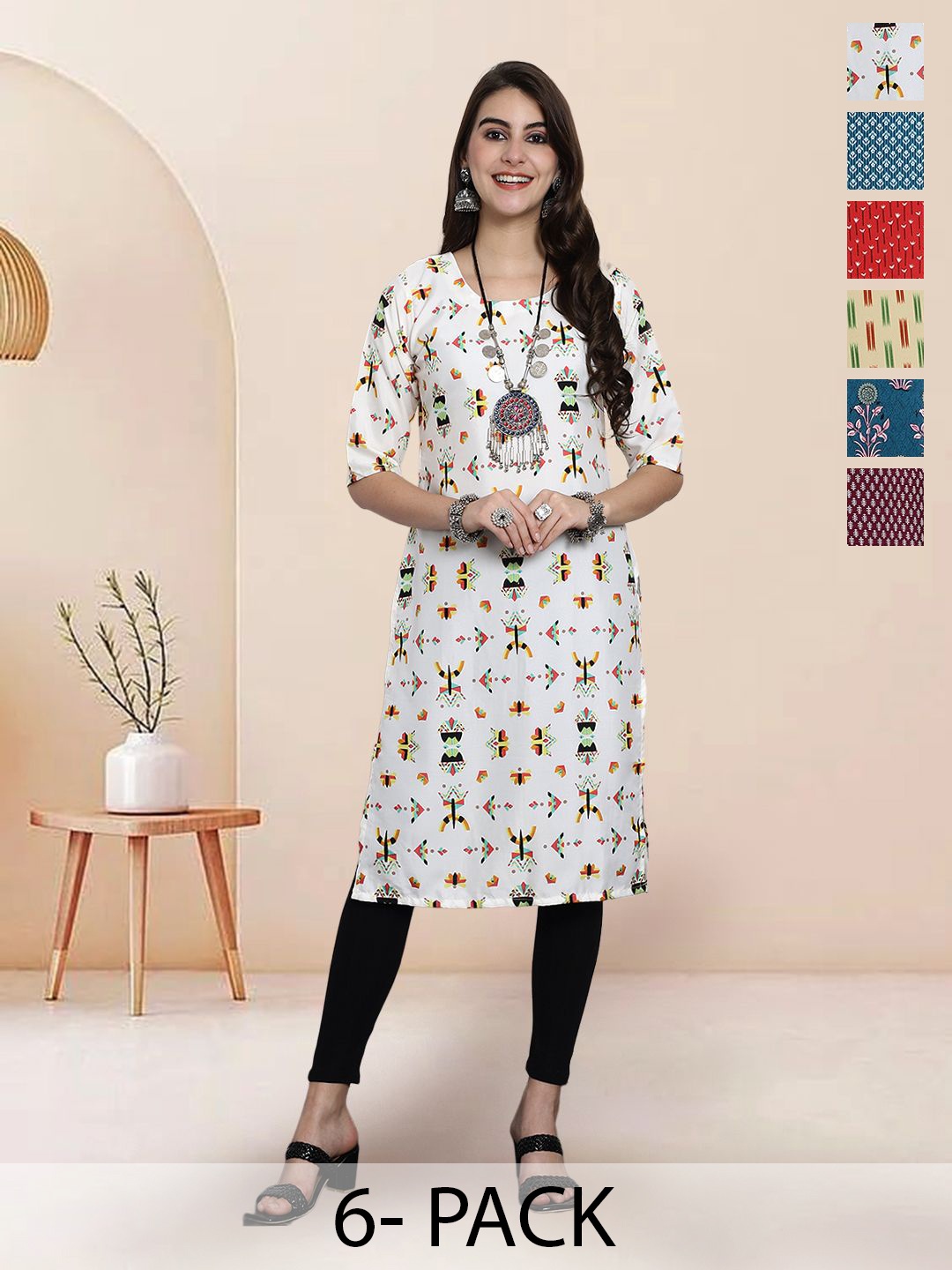 

7Threads Selection Of 6 Ethnic Motifs Printed Round Neck Straight Kurtas, White