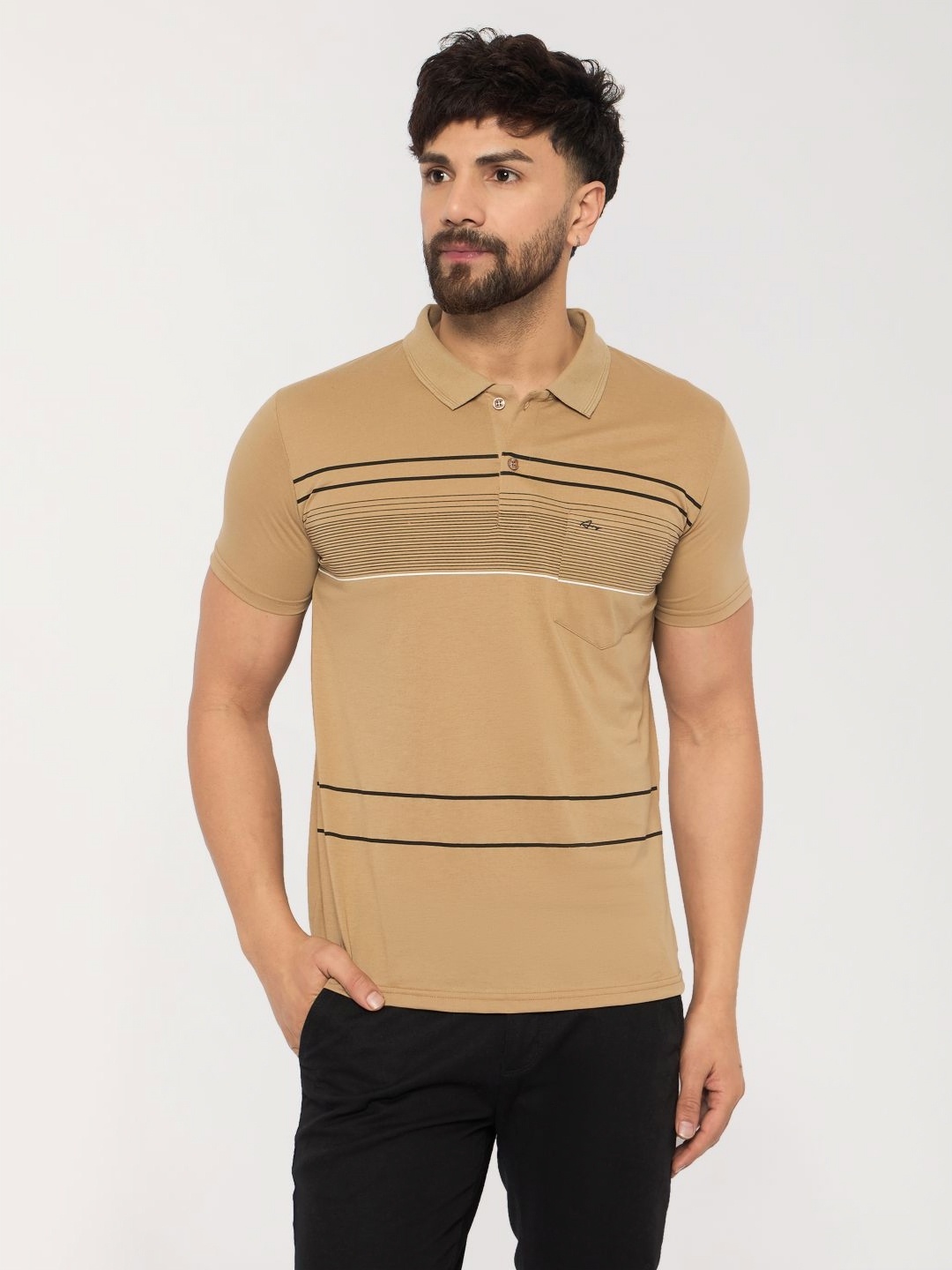 

ARRAY Men Striped Polo Collar Cotton T-shirt, Camel brown