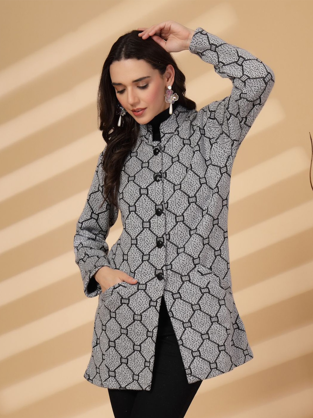 

all about you Geometric Checked Mandarin Collar Woollen Longline Top, Grey