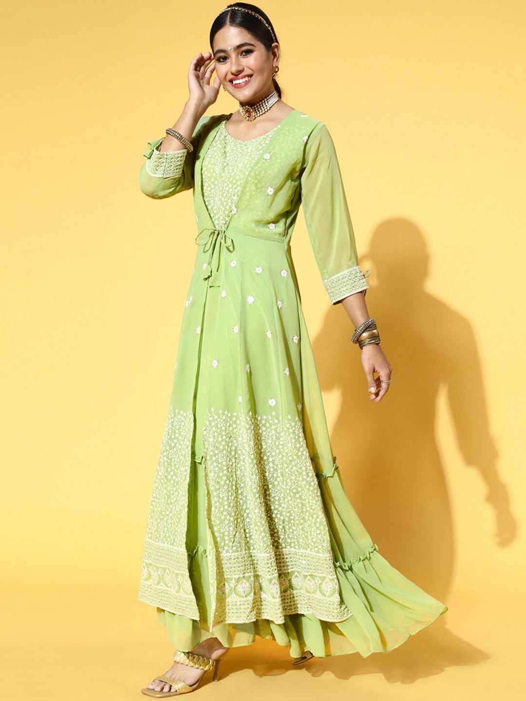 

Sangria Sequins Embroidered A-Line Party Wear Ethnic Dress, Green